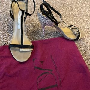 Crystal Diane Von Furstenberg open-toed heels with black straps and tan base